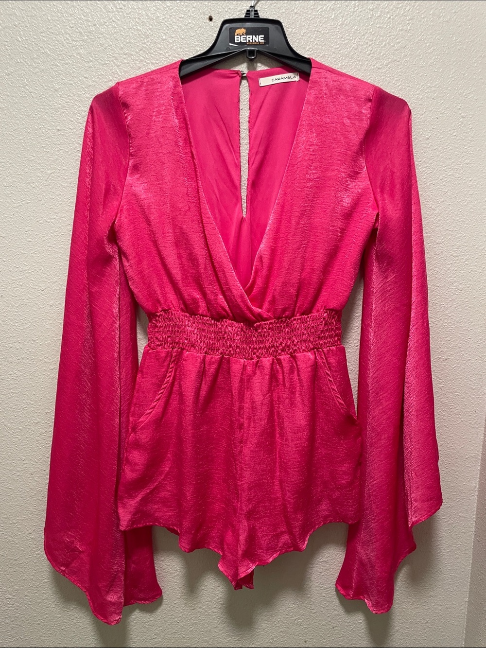 Caramela Hot Pink Satin Bell Sleeve Romper - Vibrant & Flowy